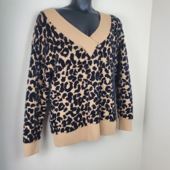 AVA AND VIV Animal Print Fuzzy V Neck Sweater | Size X - Picture 4 of 12